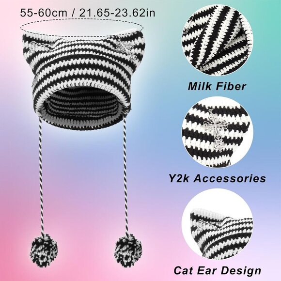 Crochet Hats for Women, Cat Beanie Y2K Beanies Grunge Accessories with Arm Warme - Picture 3 of 7